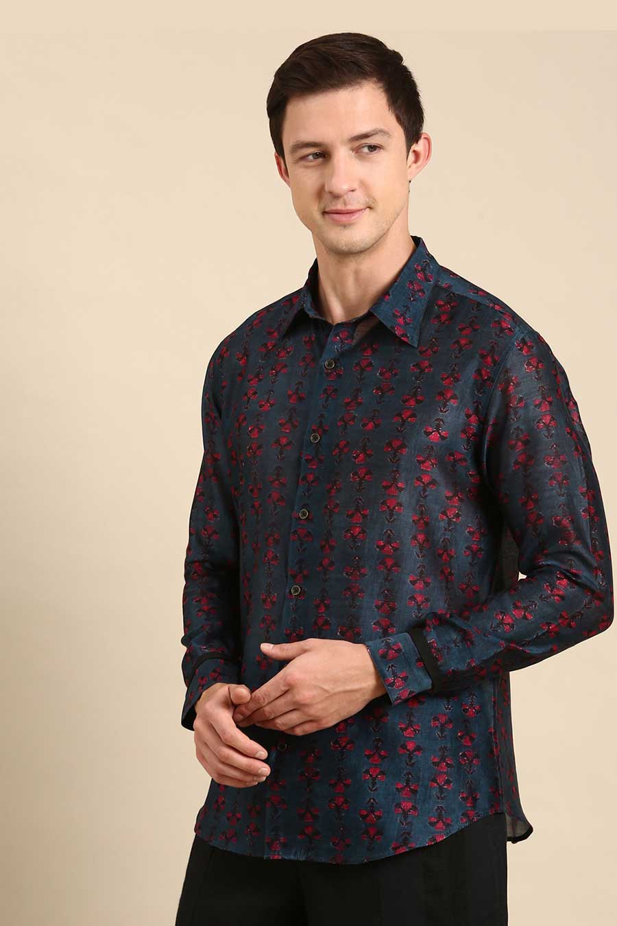 Navy Blue Chanderi Printed Shirt 