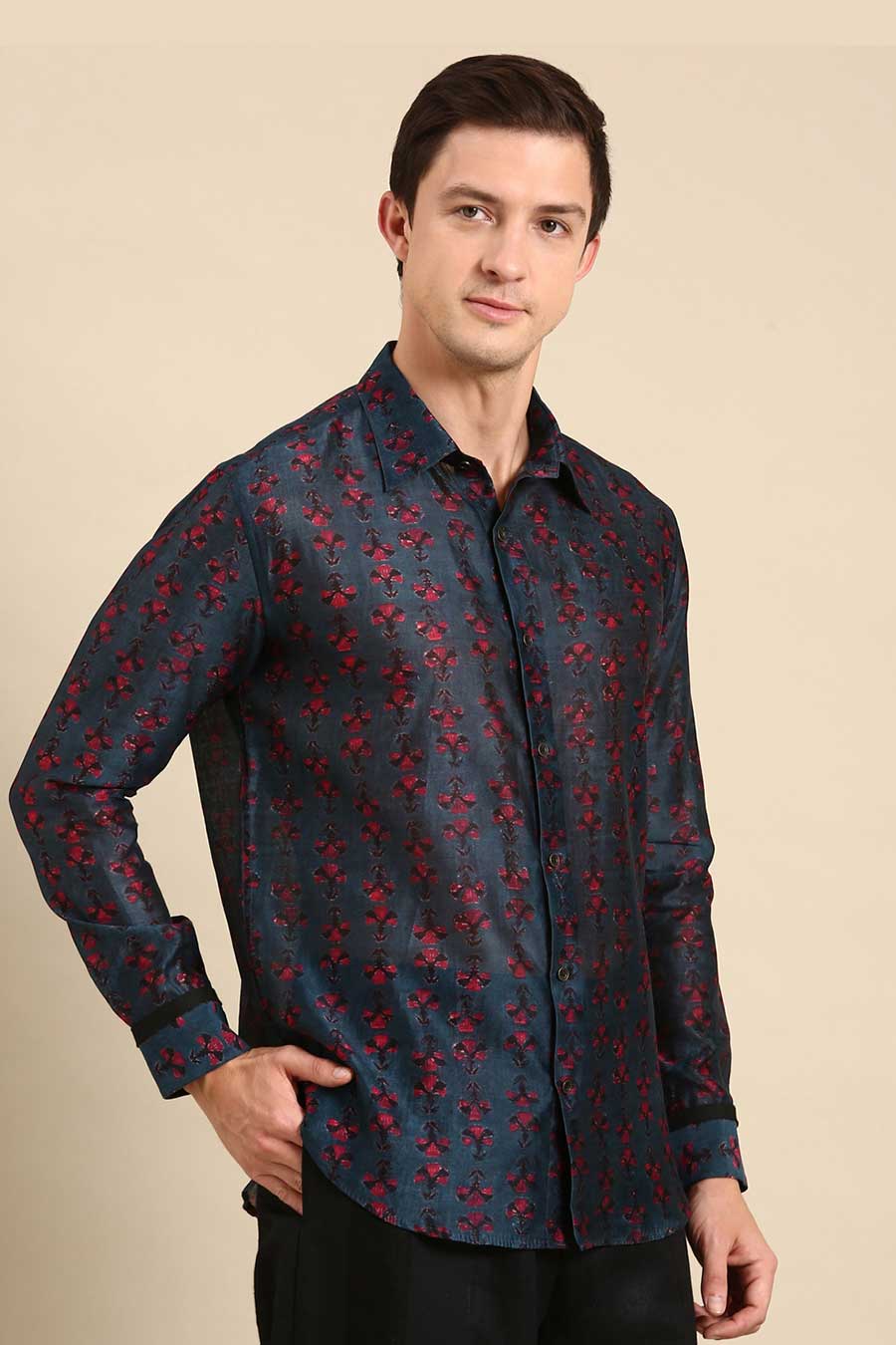 Navy Blue Chanderi Printed Shirt 