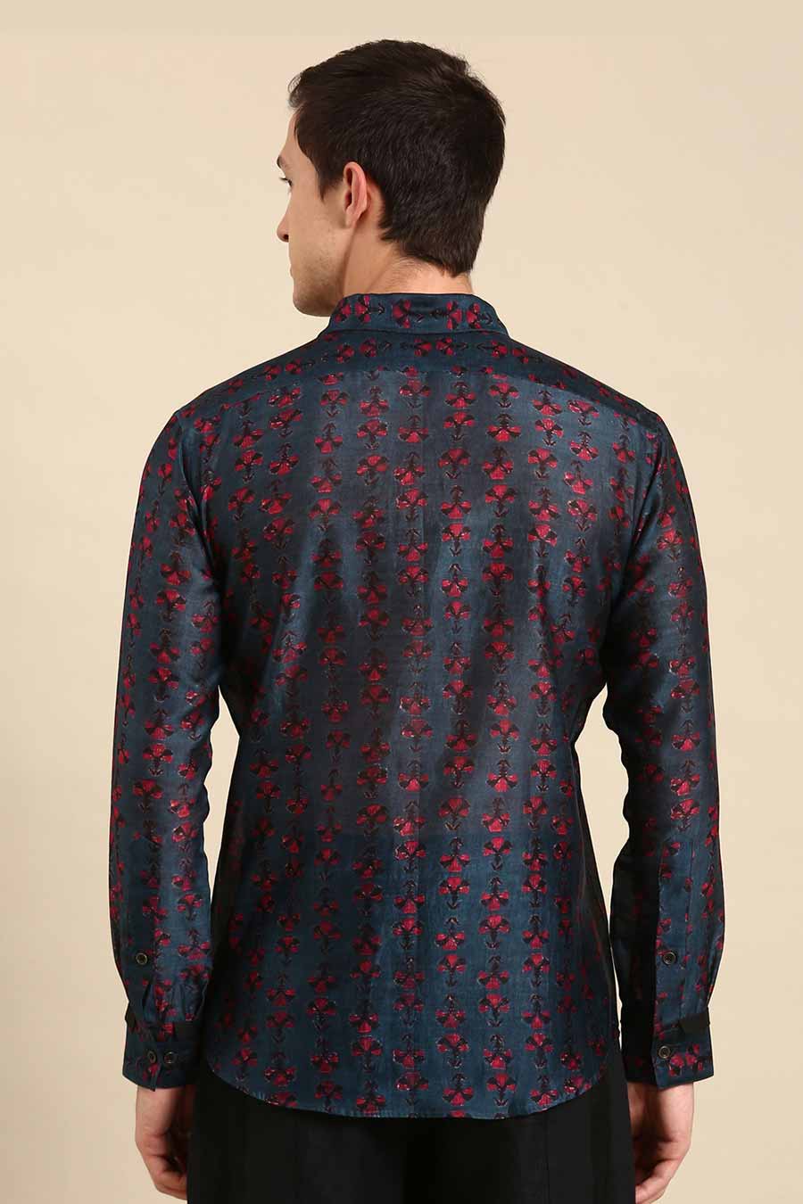 Navy Blue Chanderi Printed Shirt 
