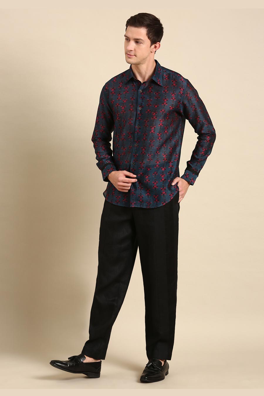Navy Blue Chanderi Printed Shirt 