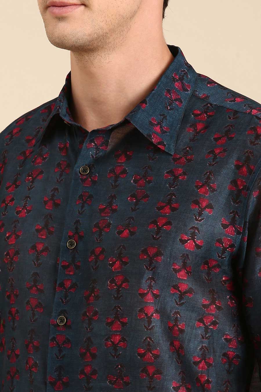 Navy Blue Chanderi Printed Shirt 