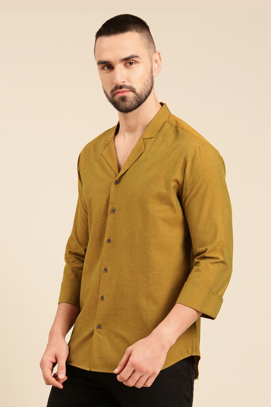 Mustard Green Malai Cotton Lapel Collar Shirt