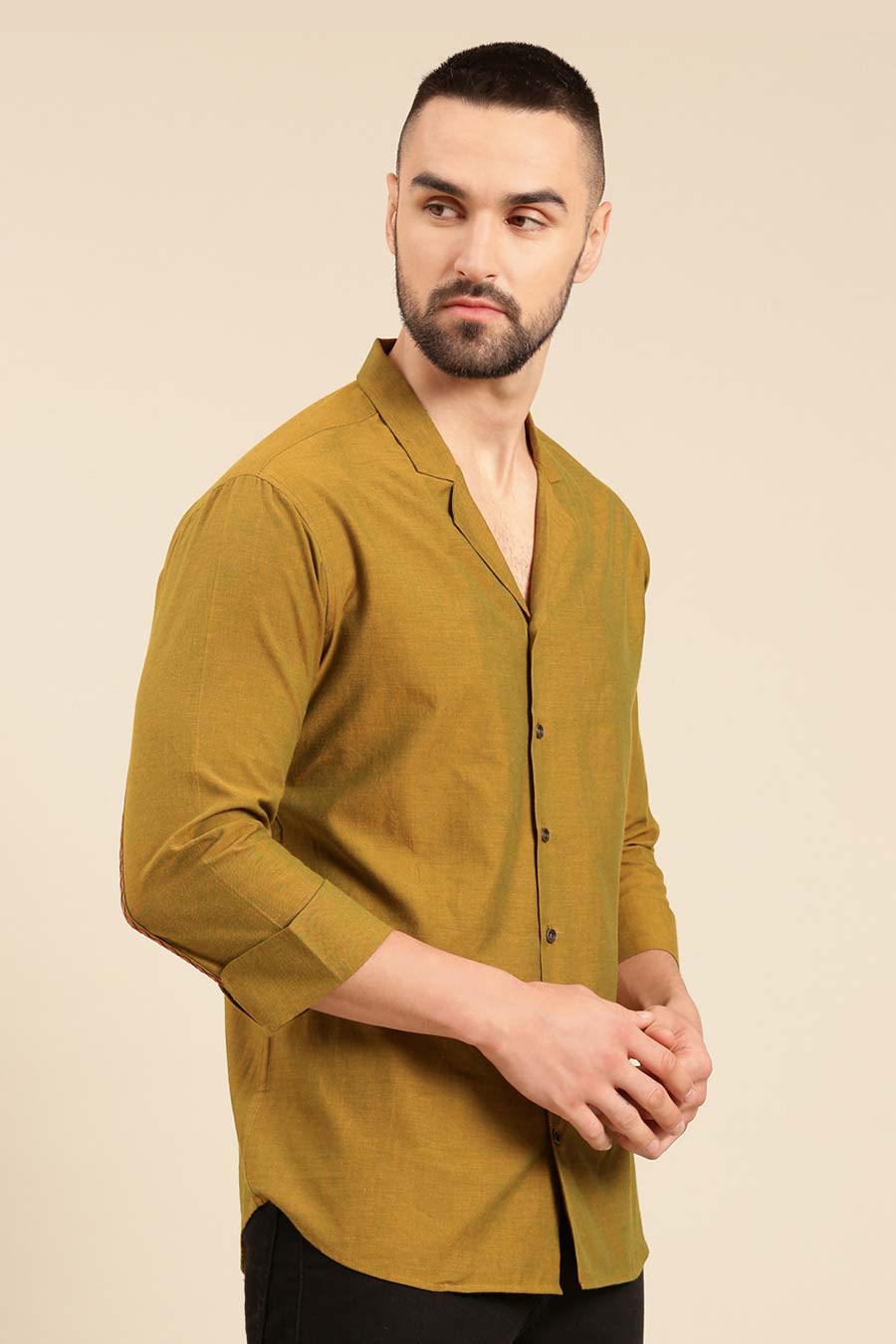 Mustard Green Malai Cotton Lapel Collar Shirt