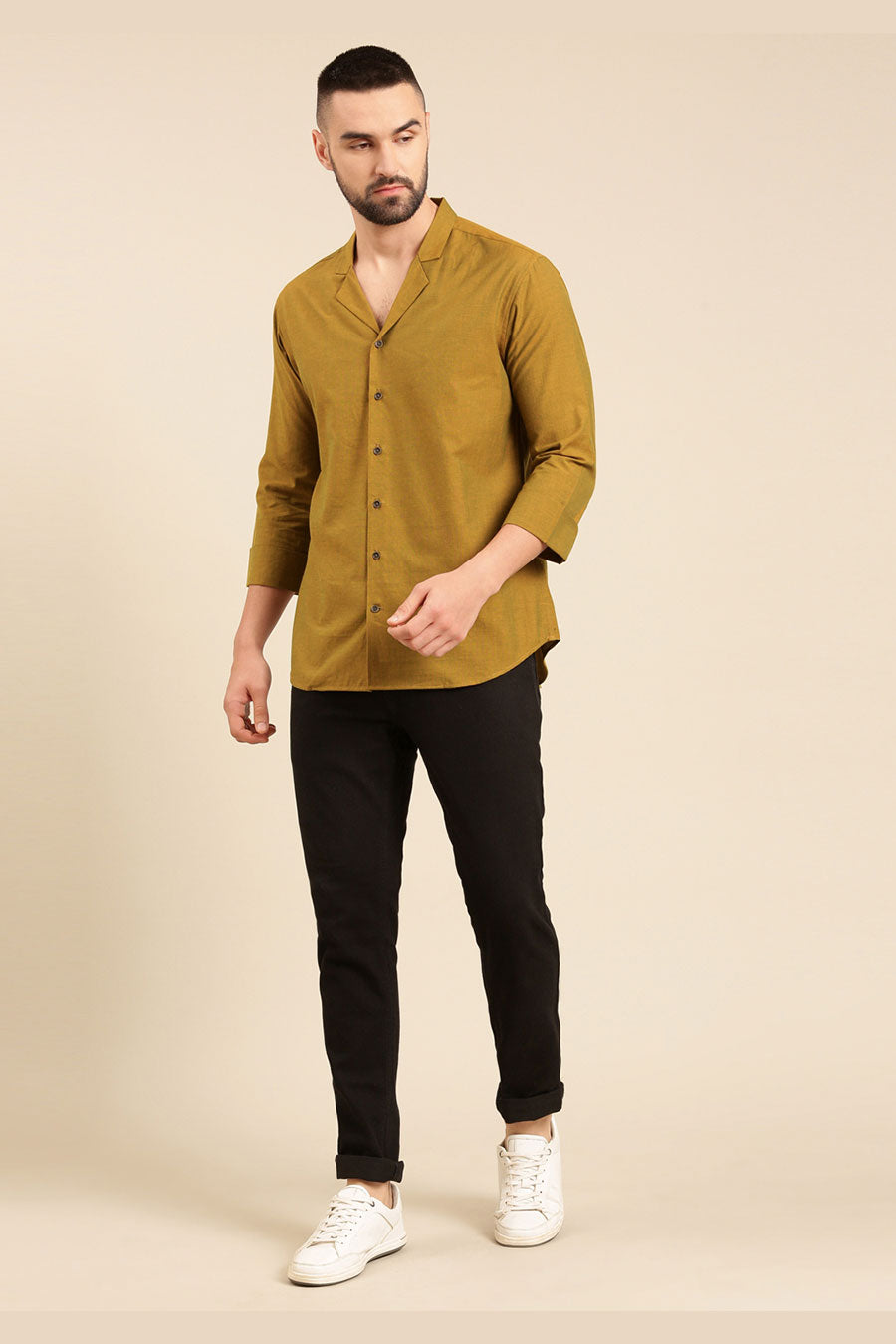 Mustard Green Malai Cotton Lapel Collar Shirt