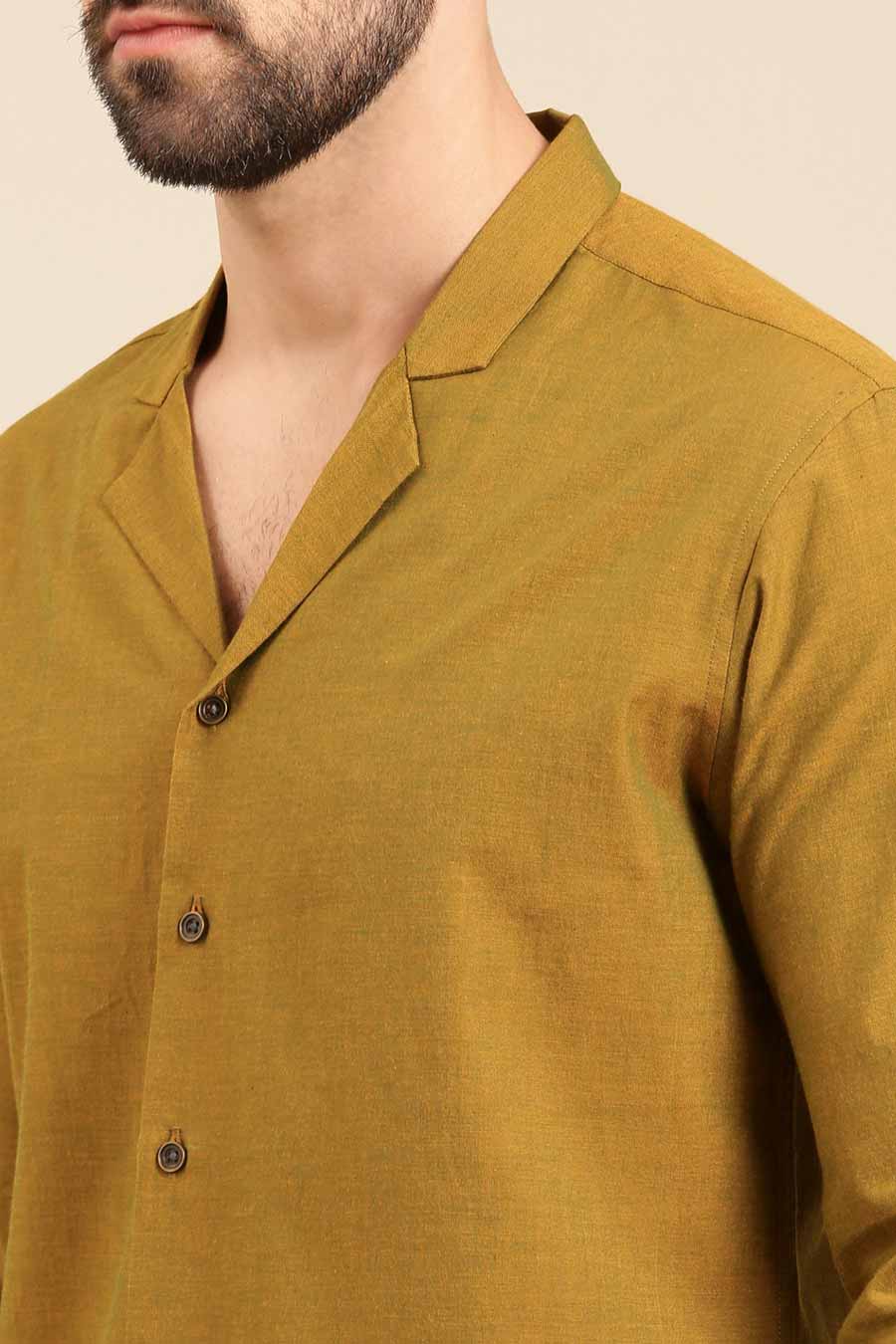 Mustard Green Malai Cotton Lapel Collar Shirt