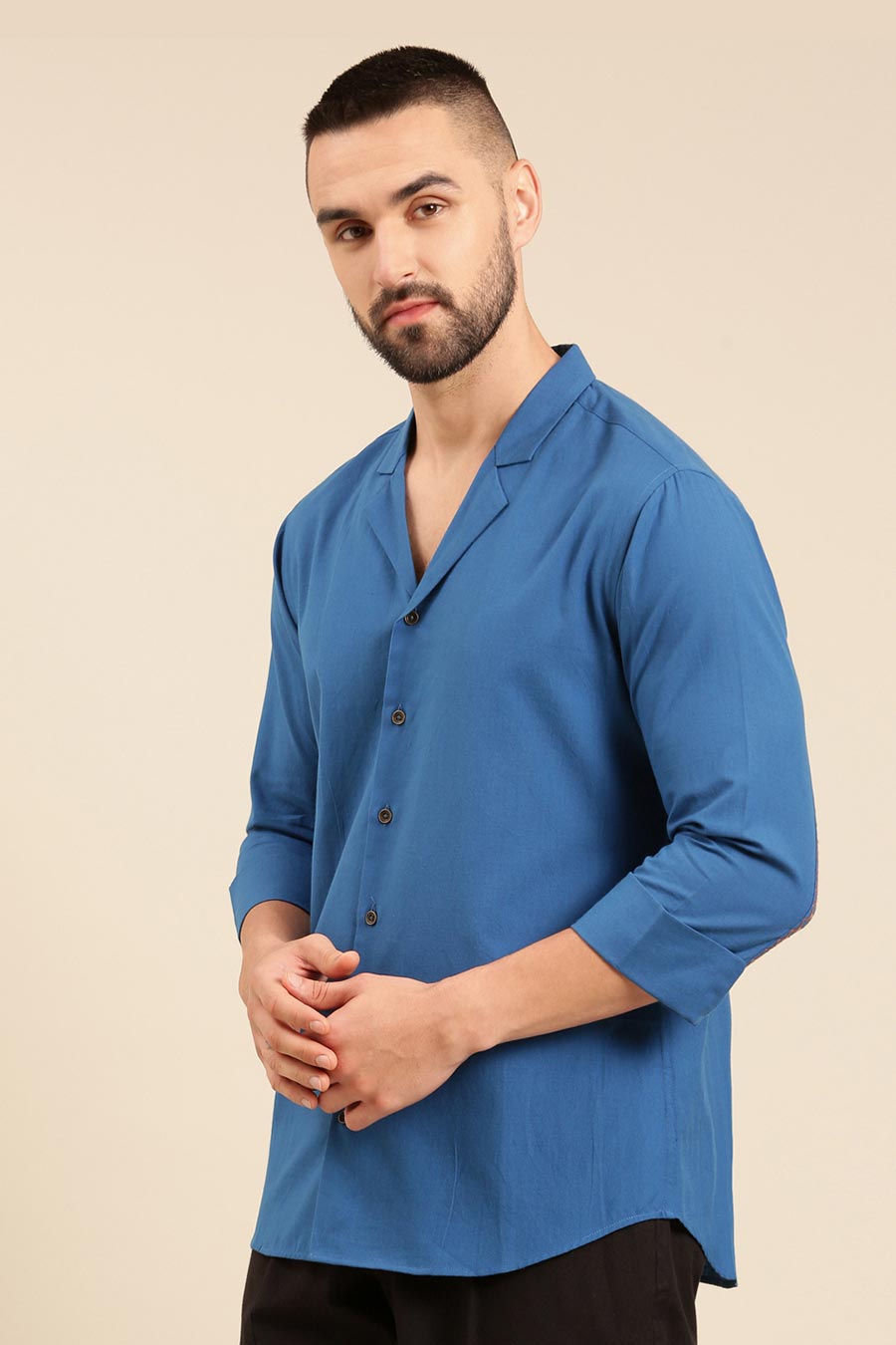 Blue Malai Cotton Lapel Collar Shirt
