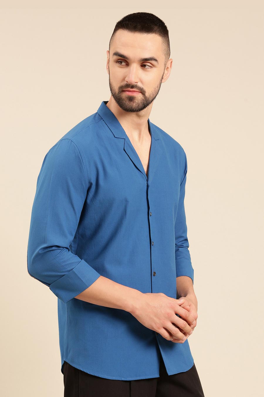 Blue Malai Cotton Lapel Collar Shirt