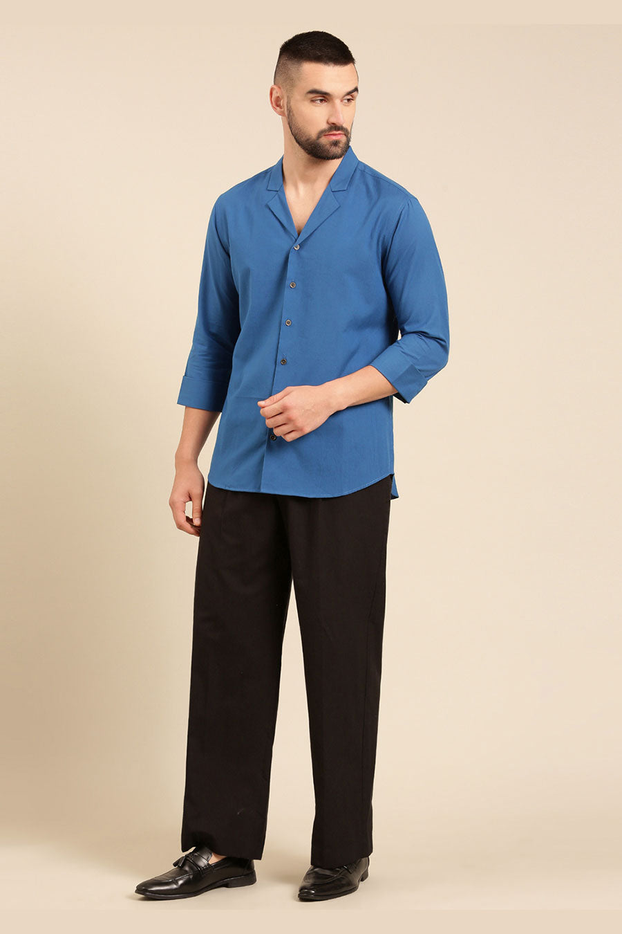 Blue Malai Cotton Lapel Collar Shirt