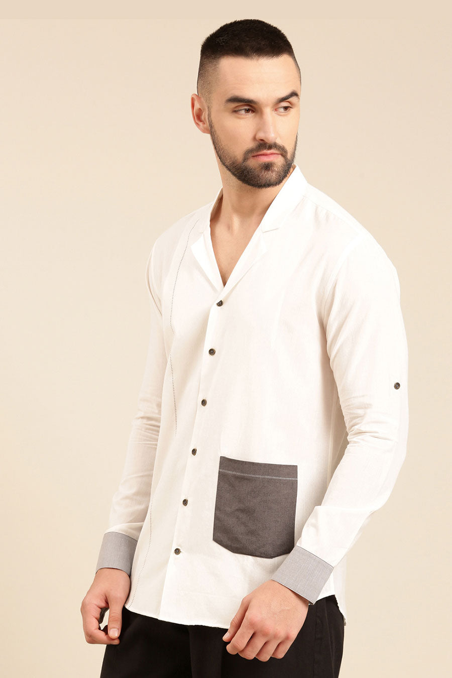 White Malai Cotton Contrast Pocket Shirt