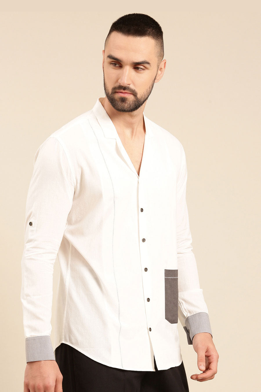 White Malai Cotton Contrast Pocket Shirt