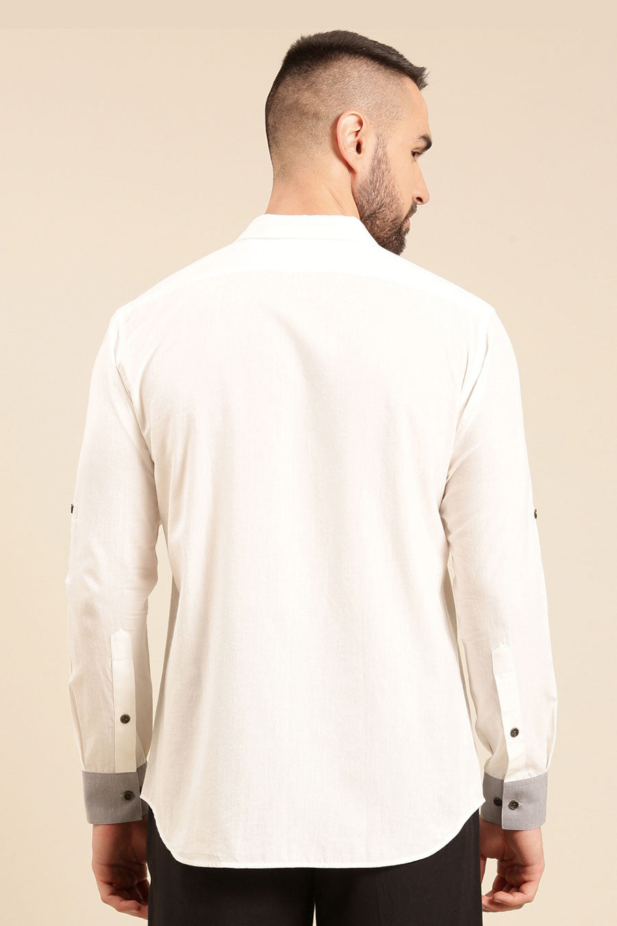 White Malai Cotton Contrast Pocket Shirt