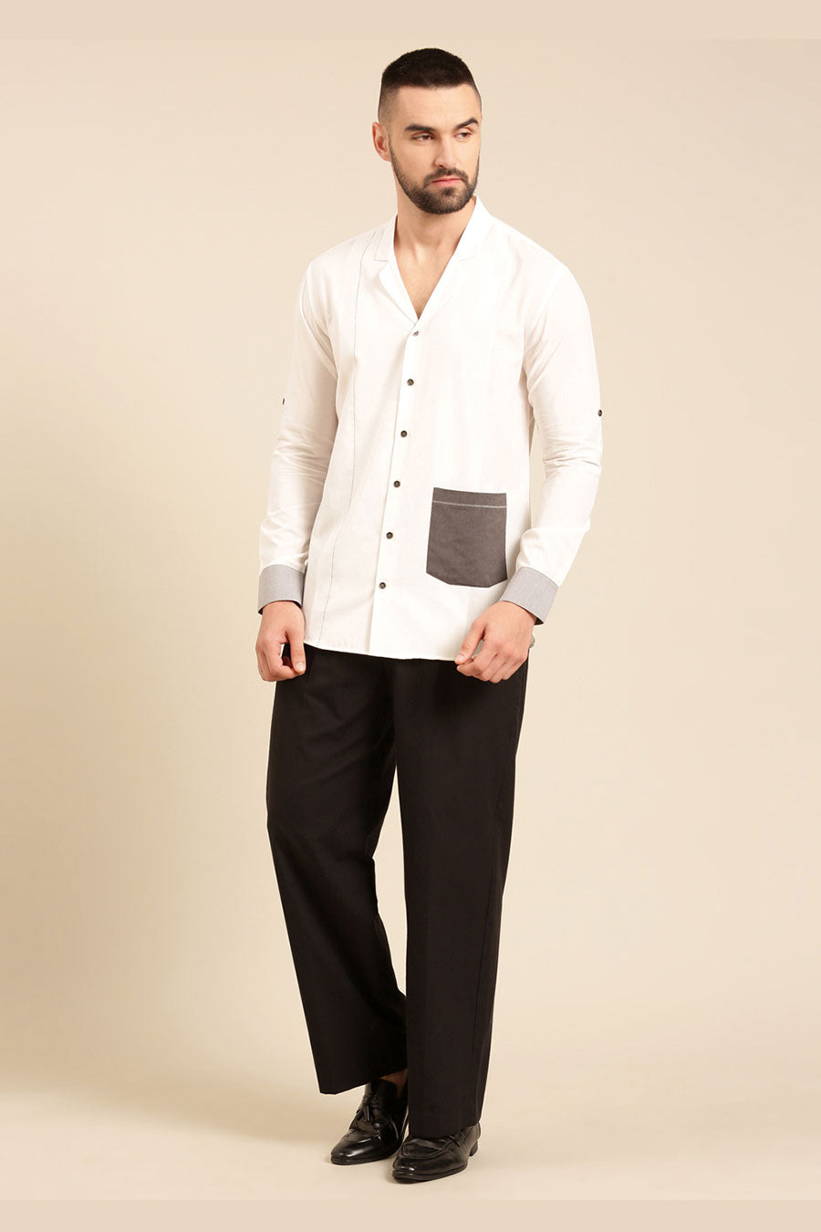 White Malai Cotton Contrast Pocket Shirt