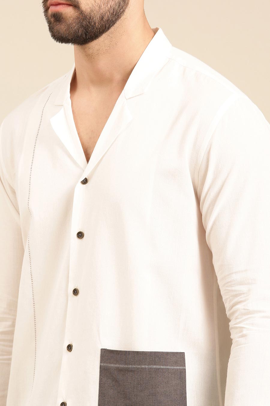 White Malai Cotton Contrast Pocket Shirt