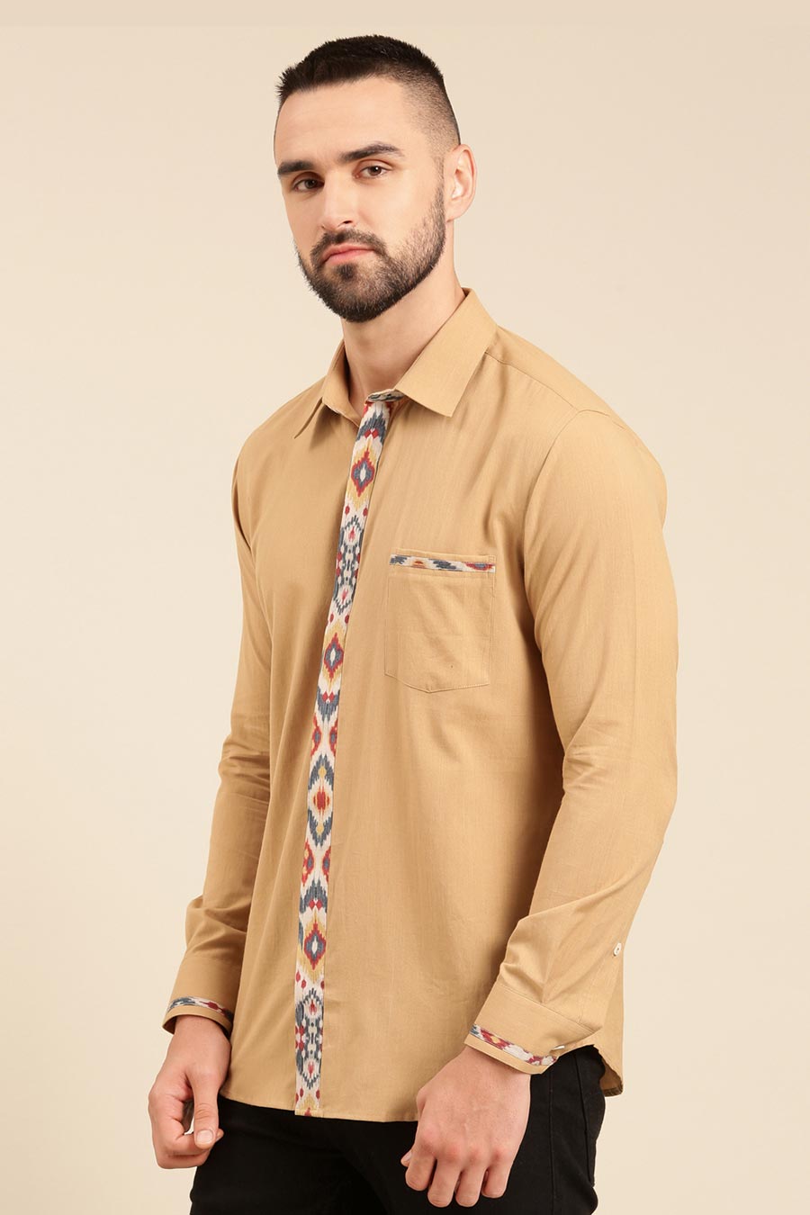 Beige Malai Cotton Ikat Print Placket Shirt