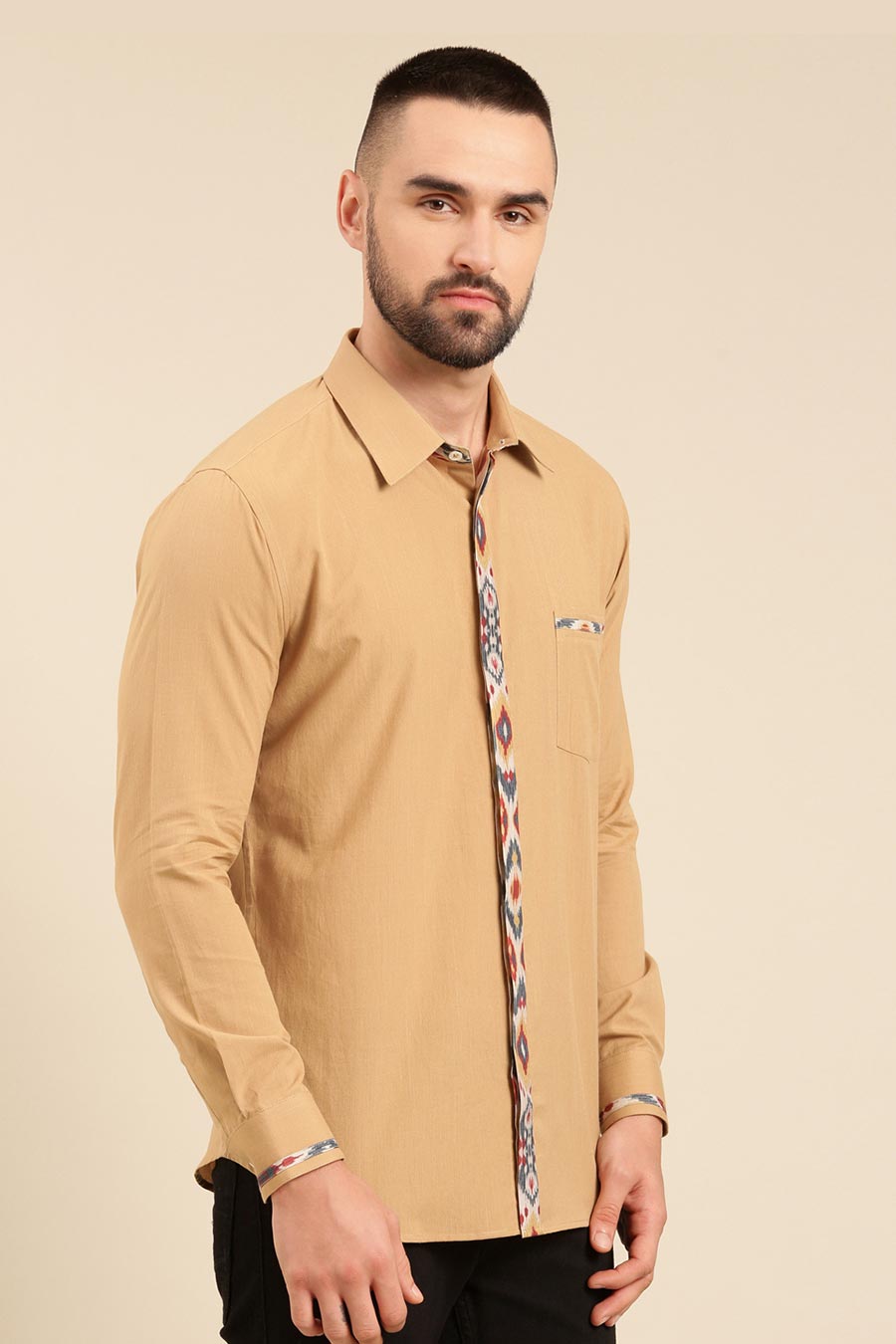 Beige Malai Cotton Ikat Print Placket Shirt