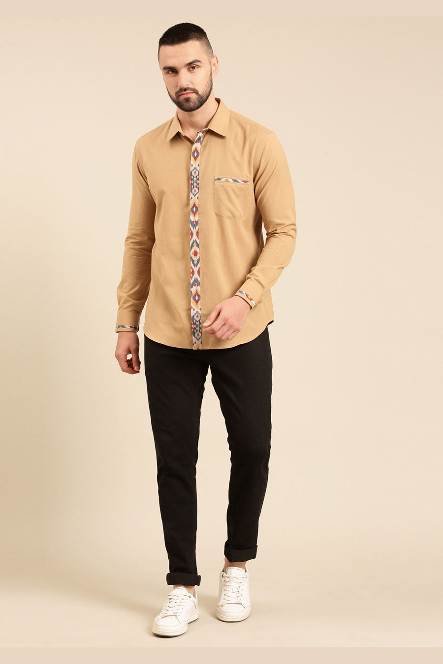 Beige Malai Cotton Ikat Print Placket Shirt