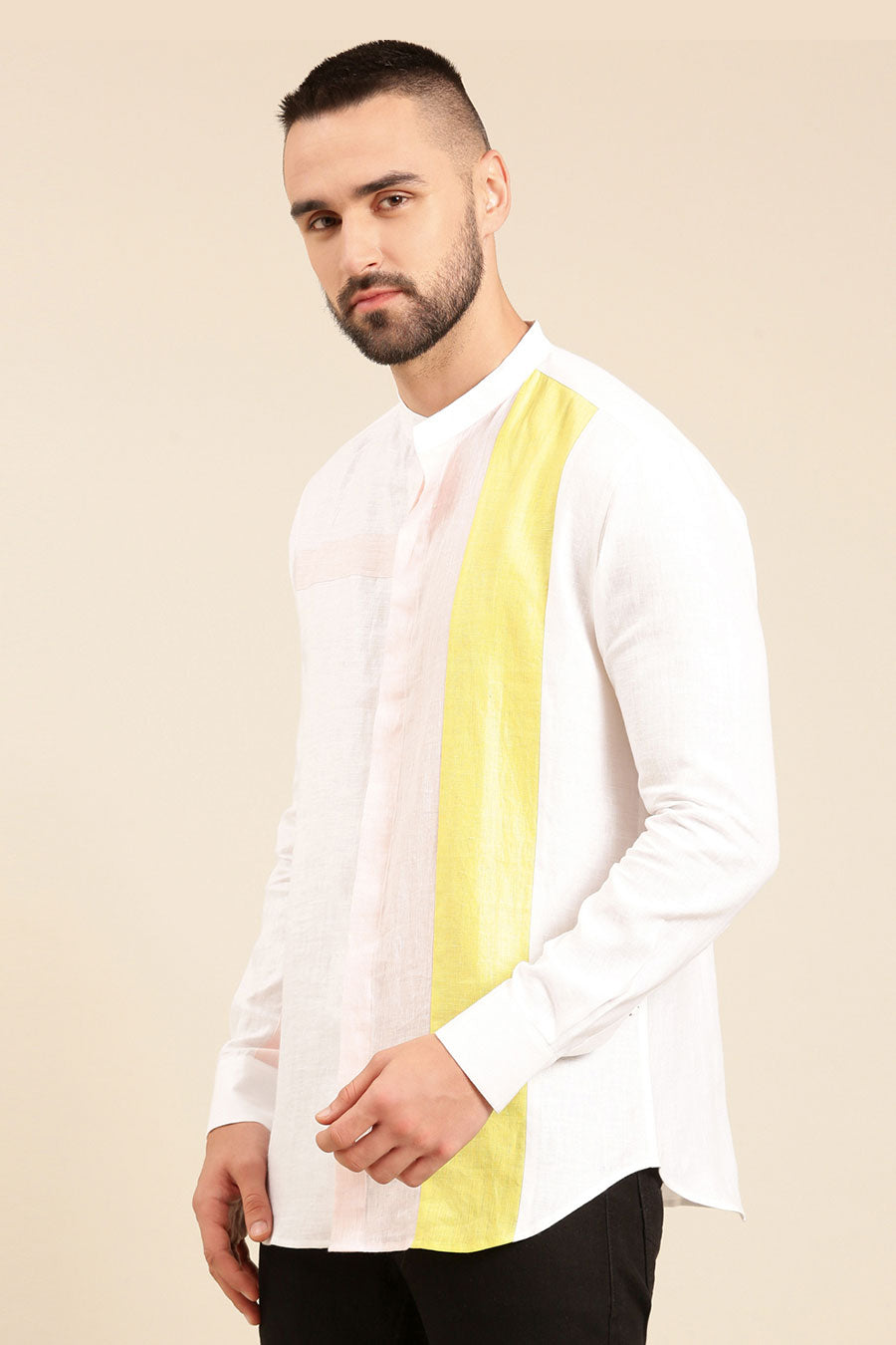 White Linen Yellow Panel Shirt