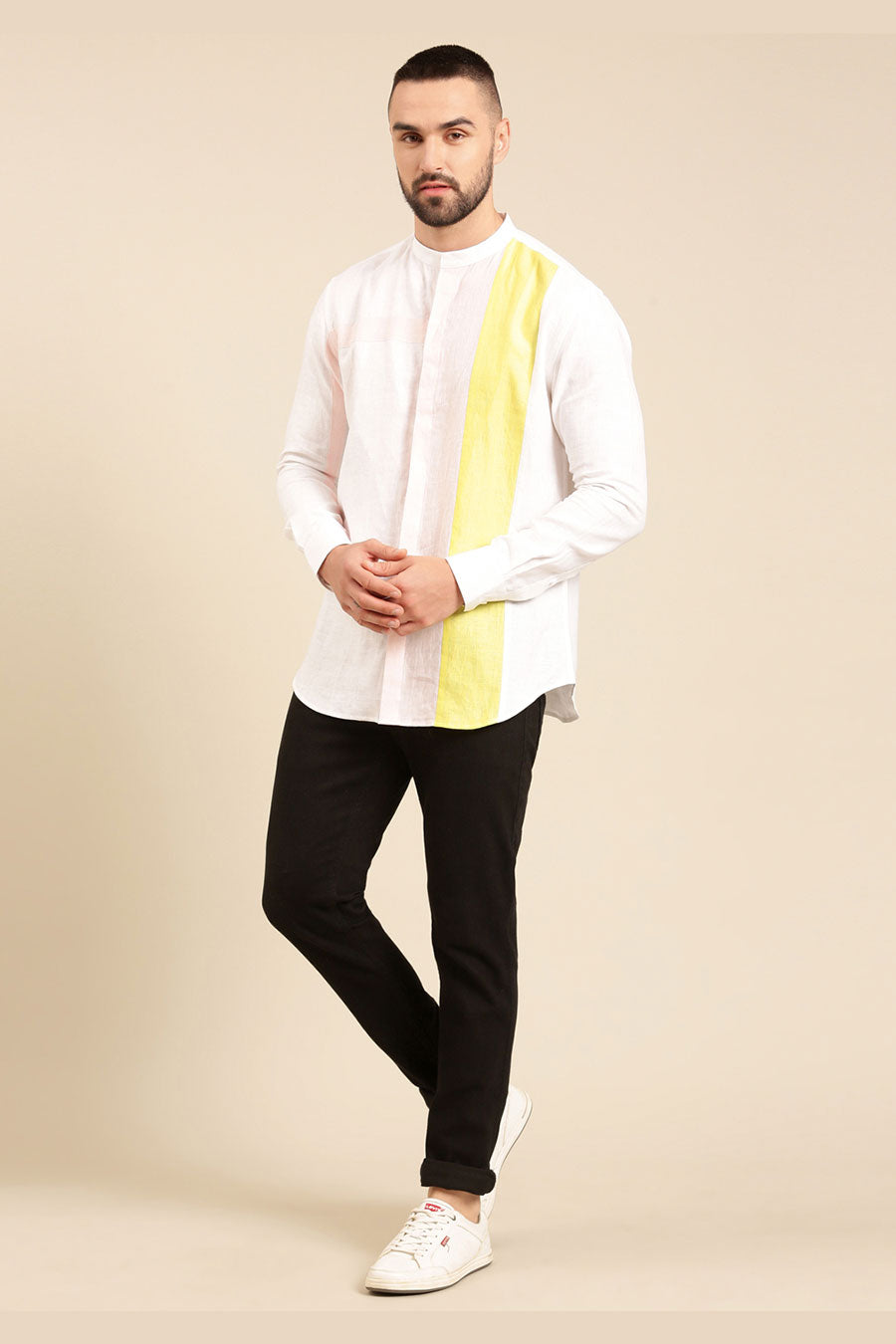 White Linen Yellow Panel Shirt