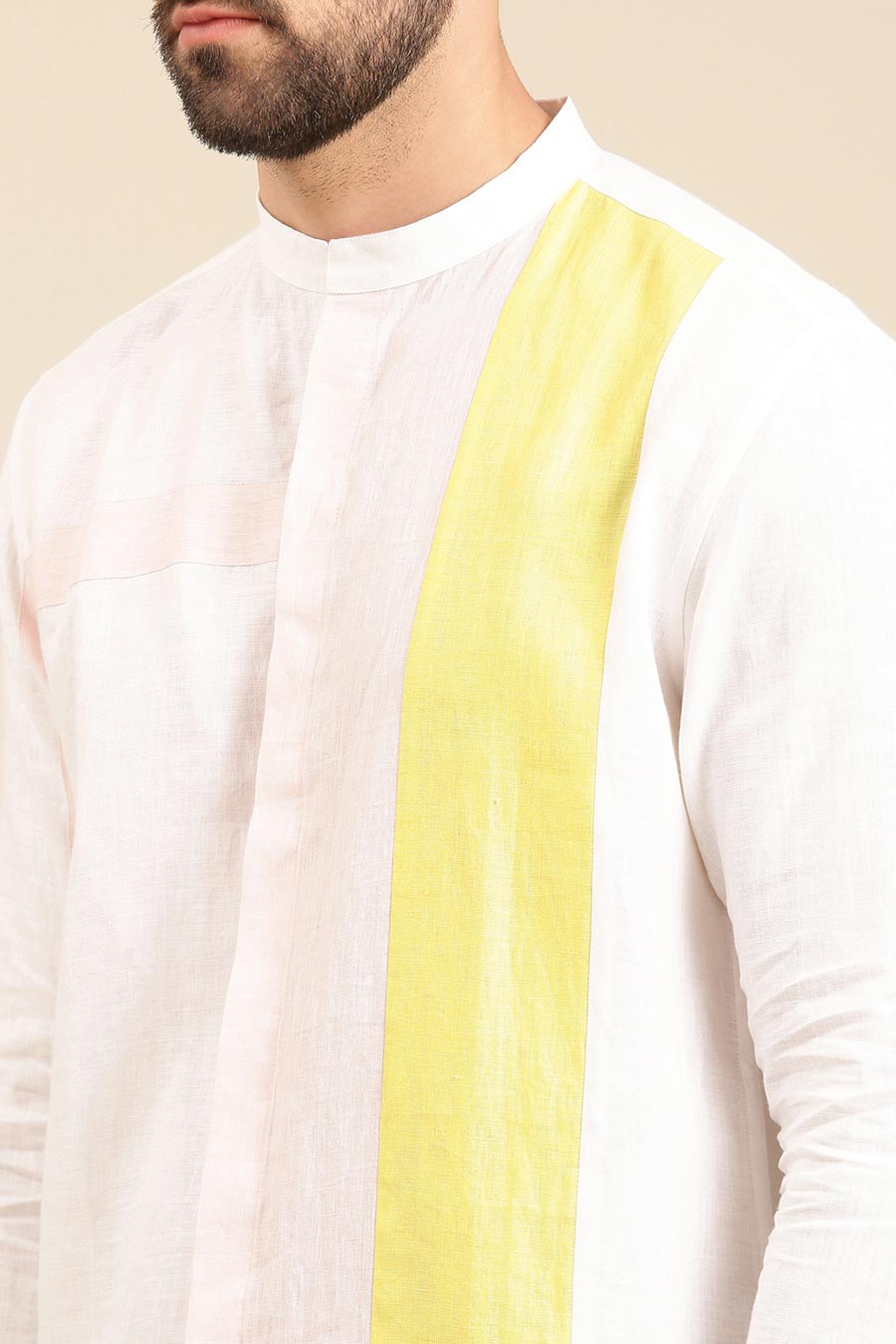 White Linen Yellow Panel Shirt