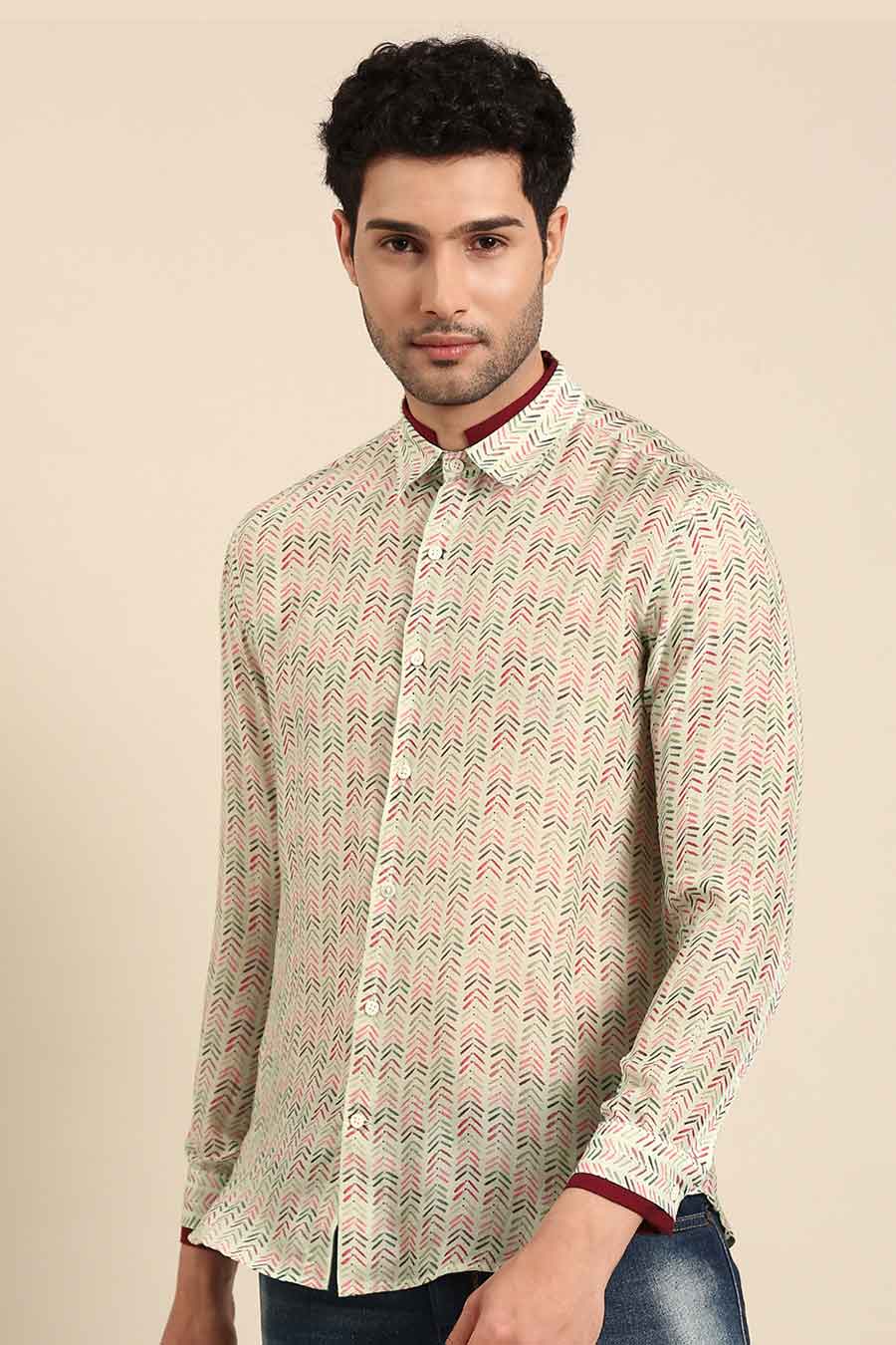 Beige Muslin Red Collar Printed Shirt