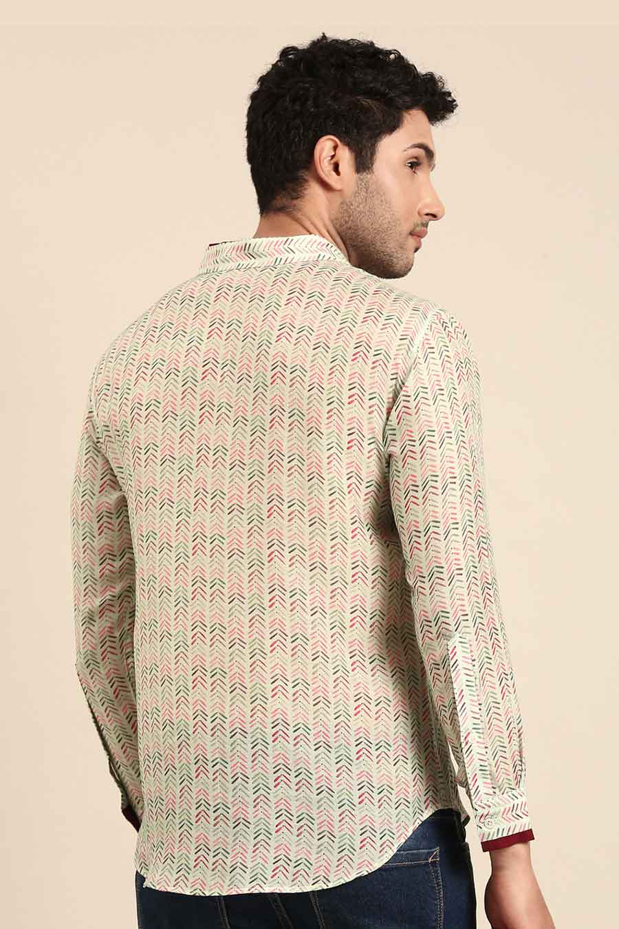 Beige Muslin Red Collar Printed Shirt