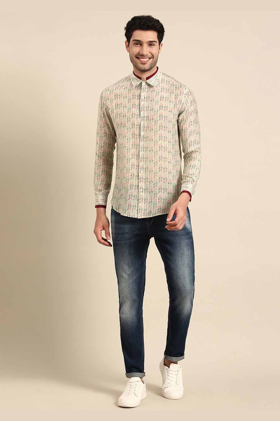 Beige Muslin Red Collar Printed Shirt