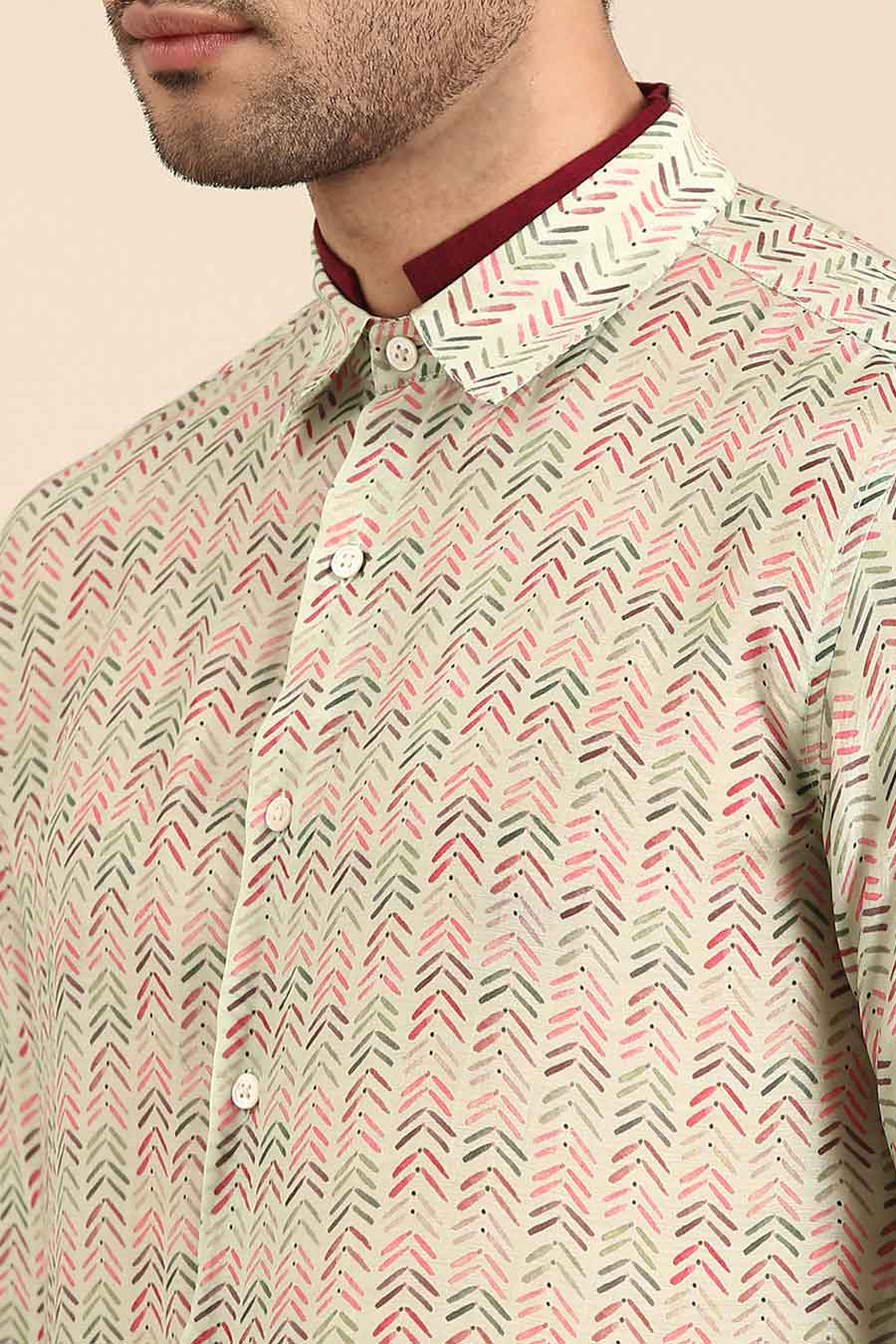 Beige Muslin Red Collar Printed Shirt