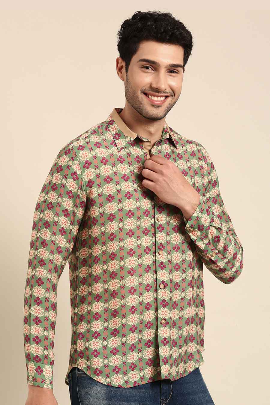Beige Muslin Printed Shirt