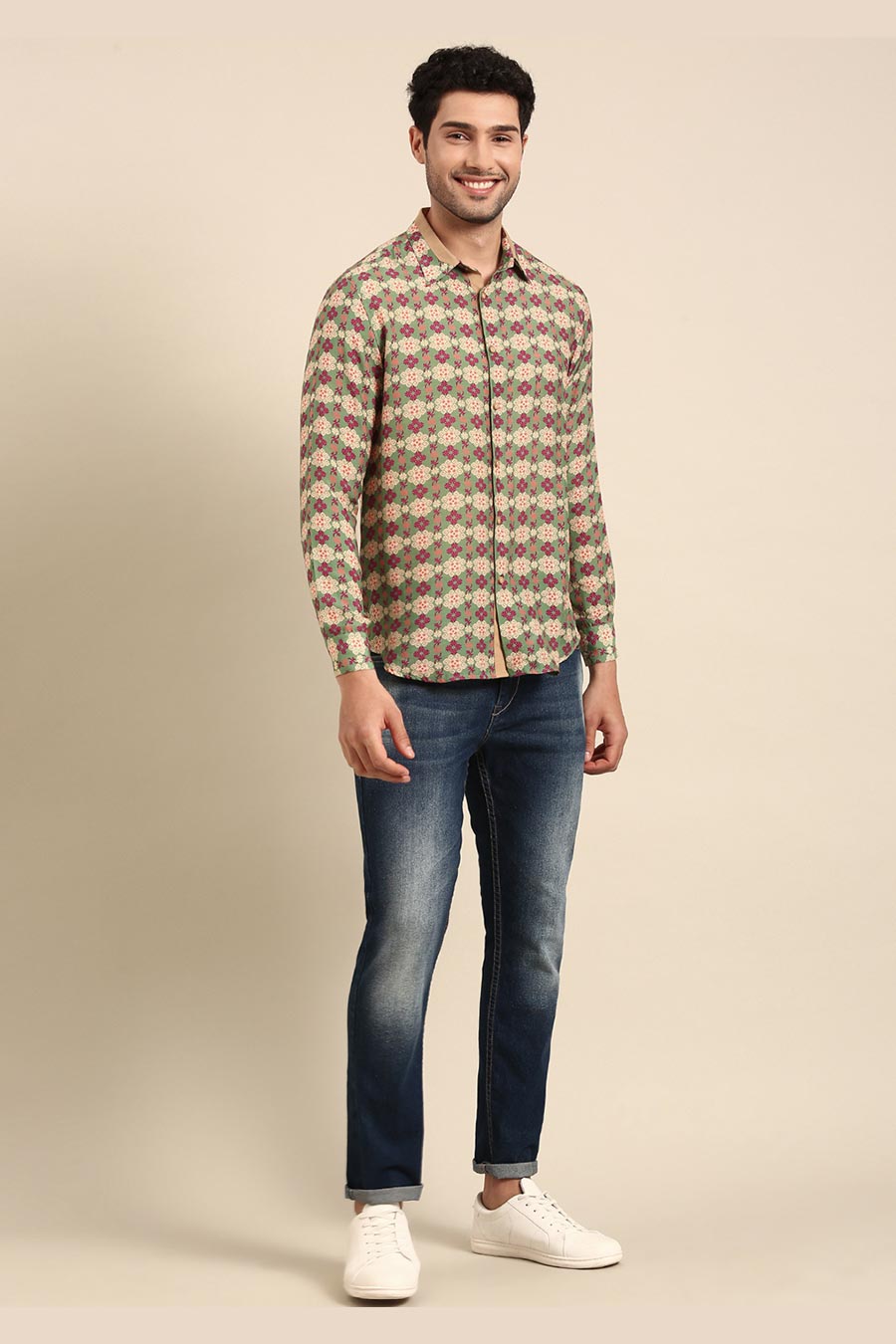 Beige Muslin Printed Shirt