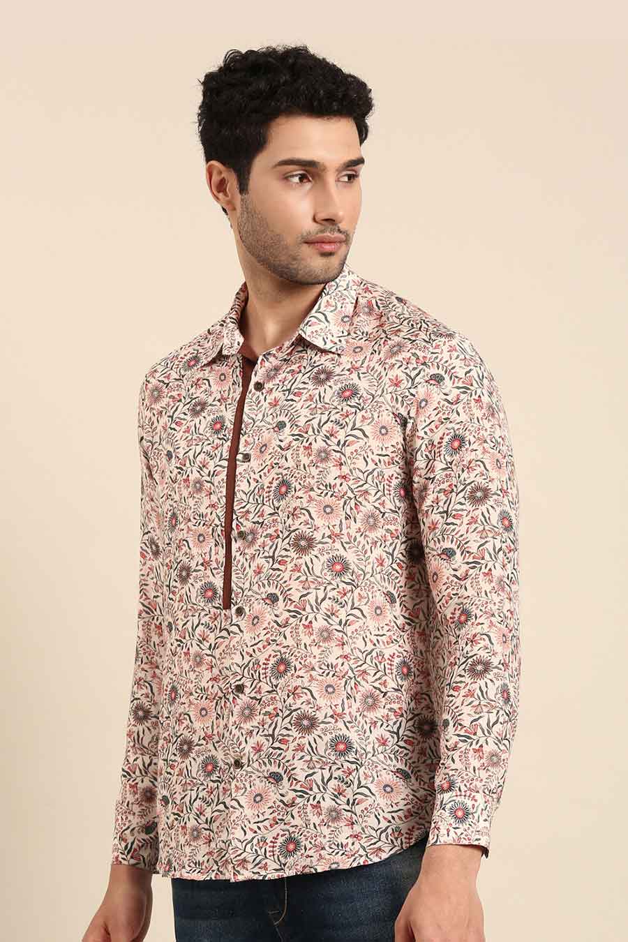 Beige Muslin Red Placket Printed Shirt