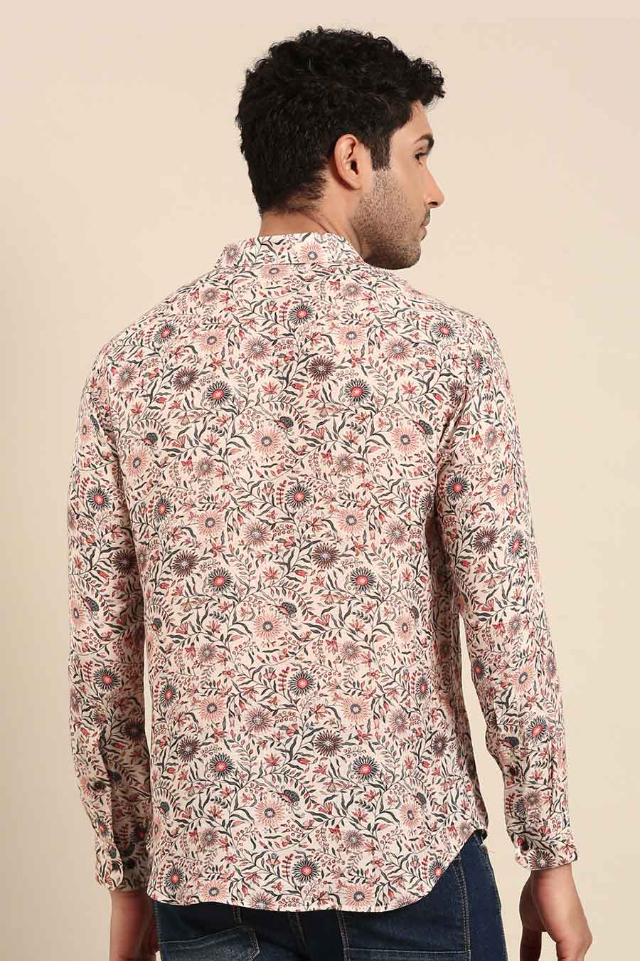 Beige Muslin Red Placket Printed Shirt