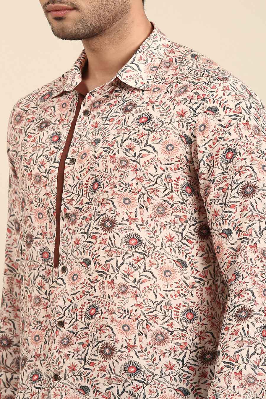 Beige Muslin Red Placket Printed Shirt