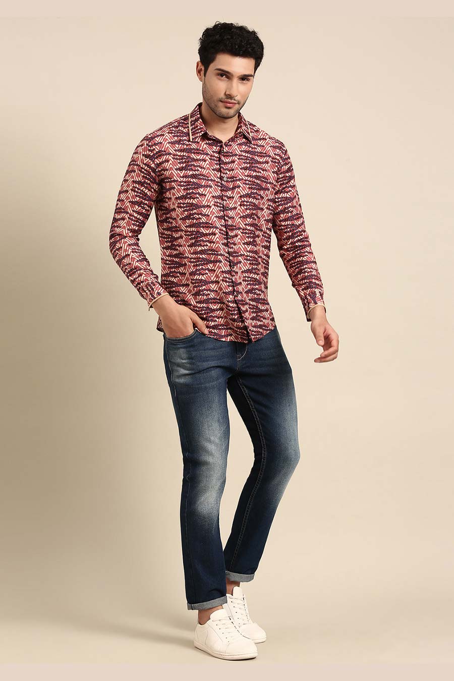 Peach Muslin Blue Printed Shirt