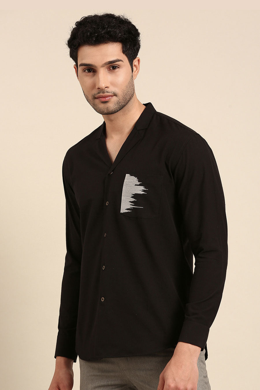Black Malai Cotton Embroidered Pocket Shirt