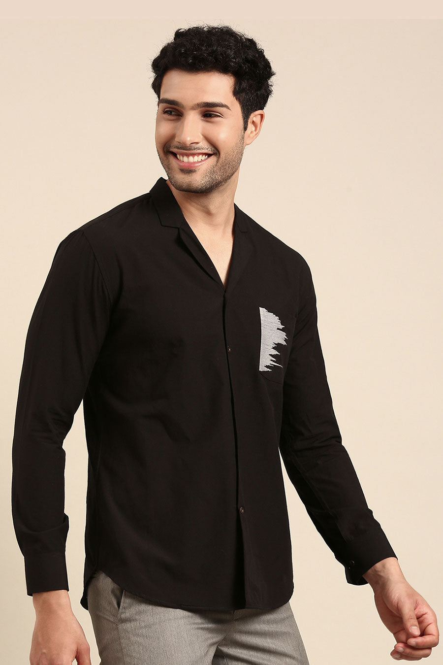 Black Malai Cotton Embroidered Pocket Shirt