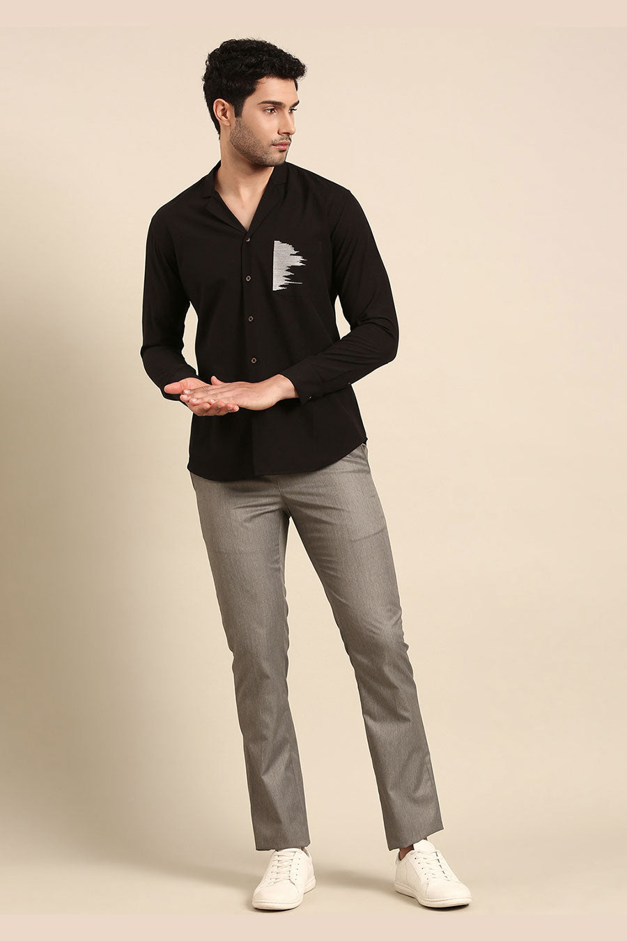 Black Malai Cotton Embroidered Pocket Shirt
