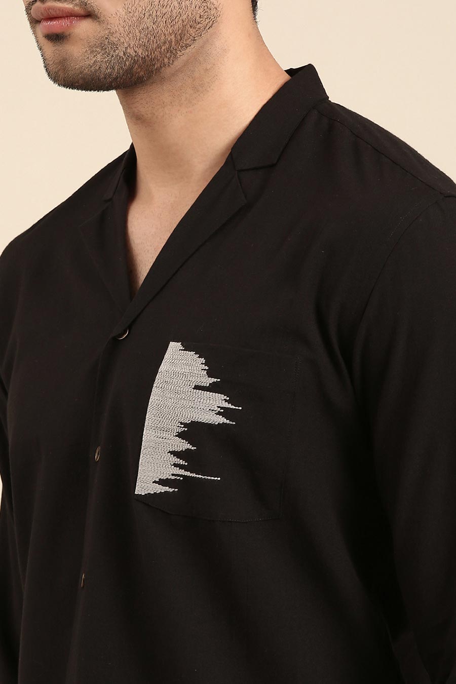 Black Malai Cotton Embroidered Pocket Shirt