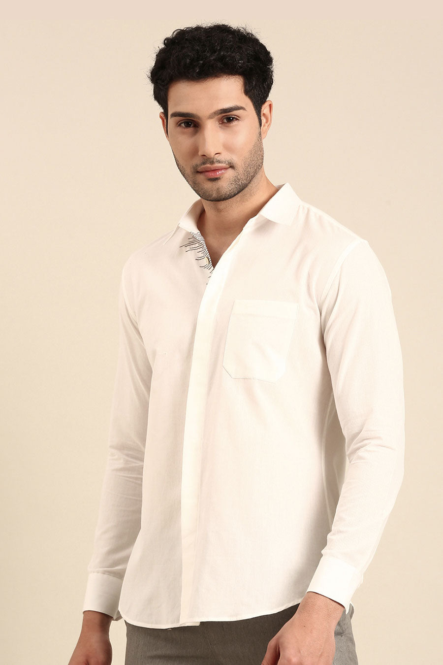 White Malai Cotton Embroidered Placket Shirt