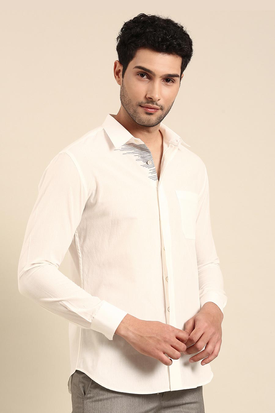 White Malai Cotton Embroidered Placket Shirt