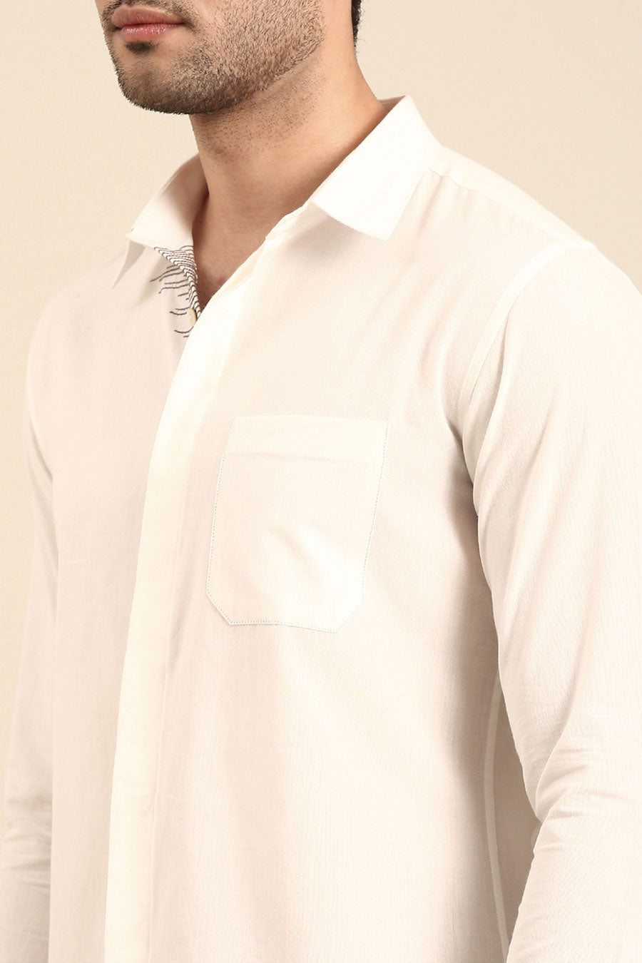 White Malai Cotton Embroidered Placket Shirt