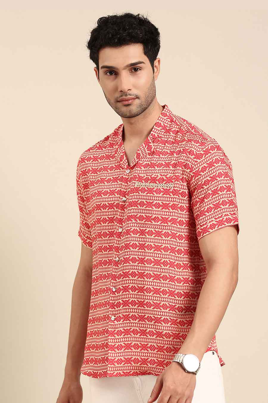 Red Muslin Printed Half-Sleeves Shirt
