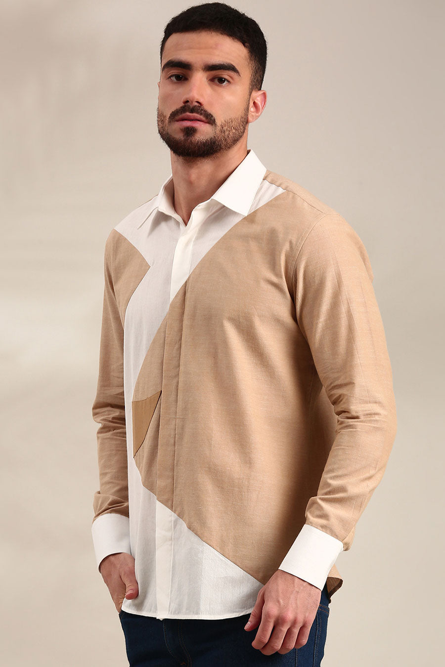 White & Beige Panelled Shirt