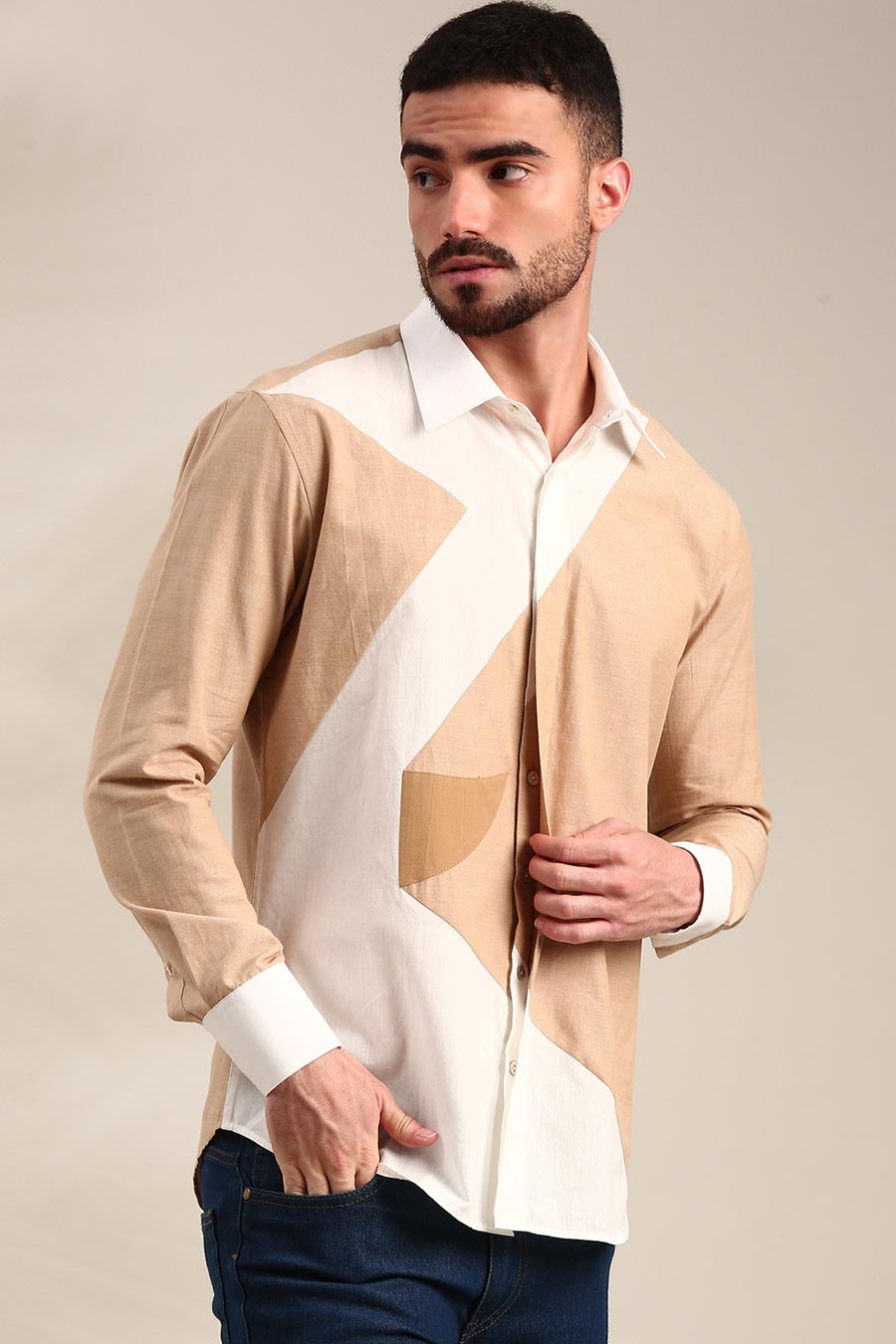 White & Beige Panelled Shirt