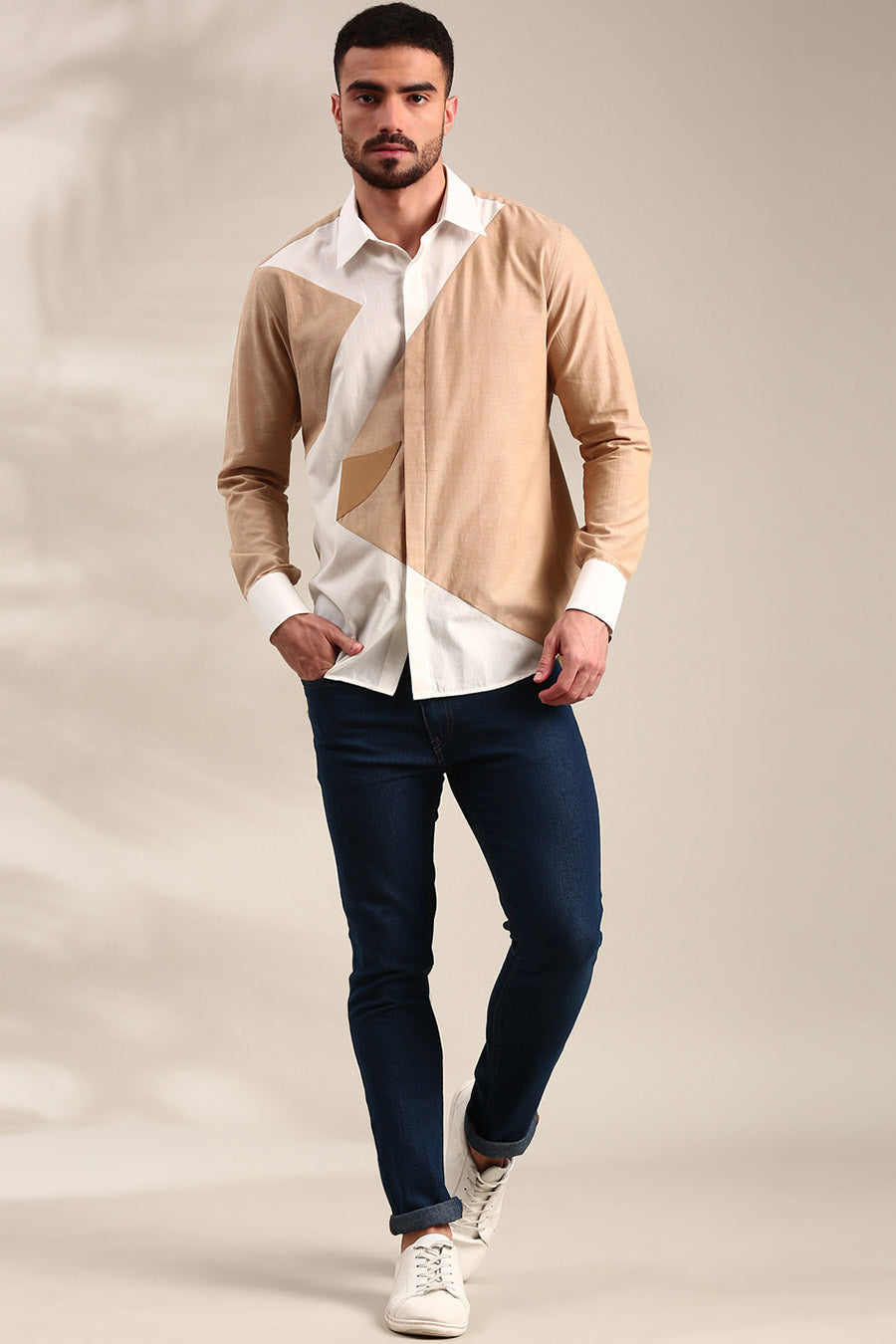White & Beige Panelled Shirt