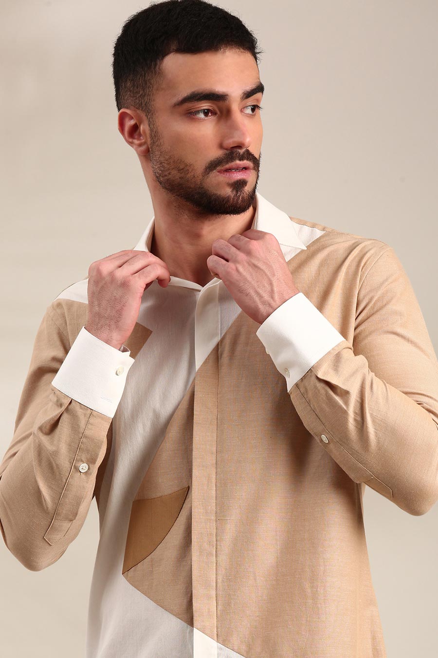 White & Beige Panelled Shirt
