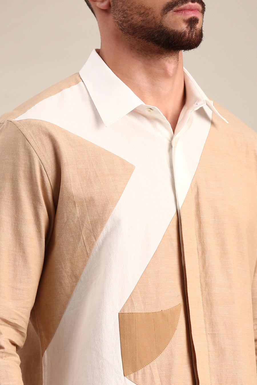 White & Beige Panelled Shirt