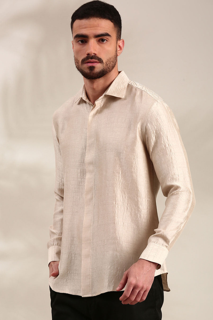 Cream Slub Silk Embroidered Shirt