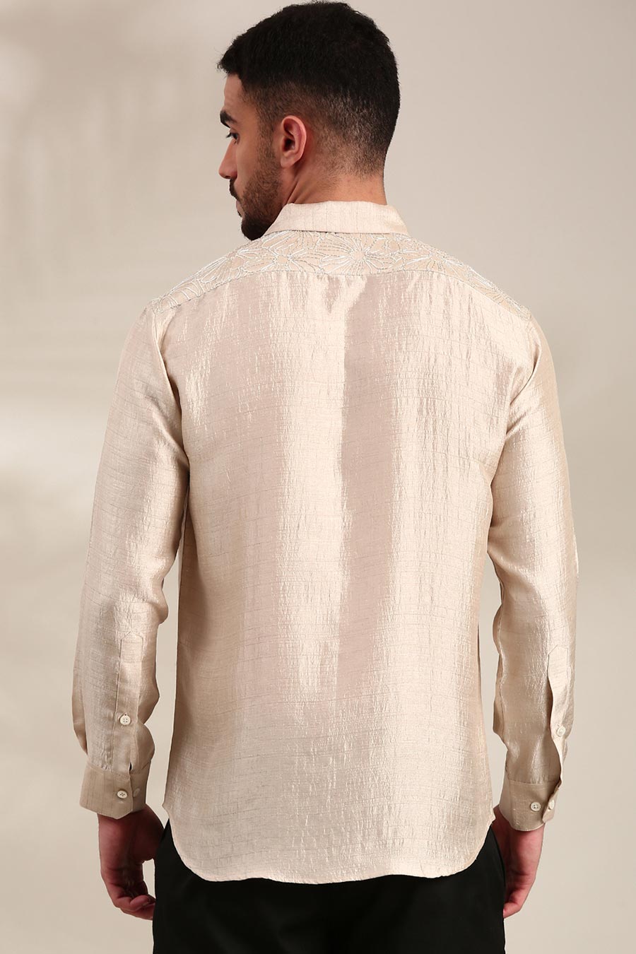 Cream Slub Silk Embroidered Shirt