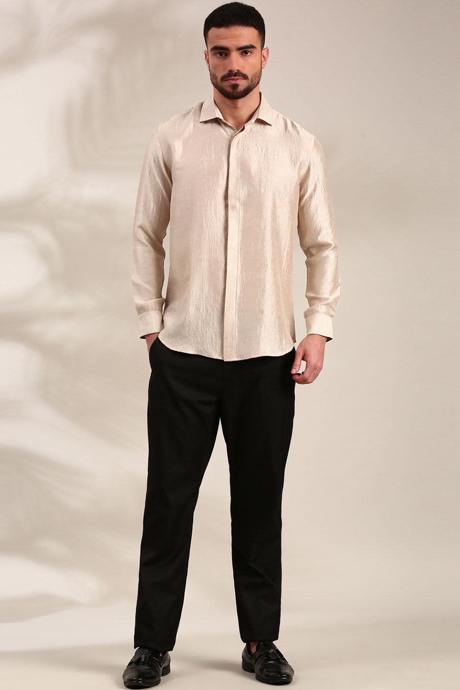 Cream Slub Silk Embroidered Shirt