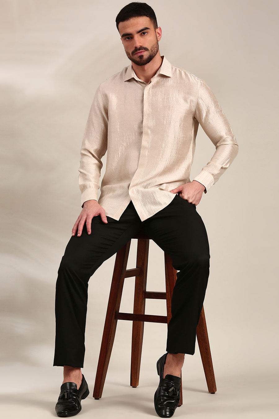 Cream Slub Silk Embroidered Shirt